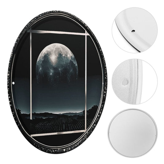 Sonoma Rebel Cyber Moon round metal print featuring a detailed moon over a landscape, made of wrought iron.