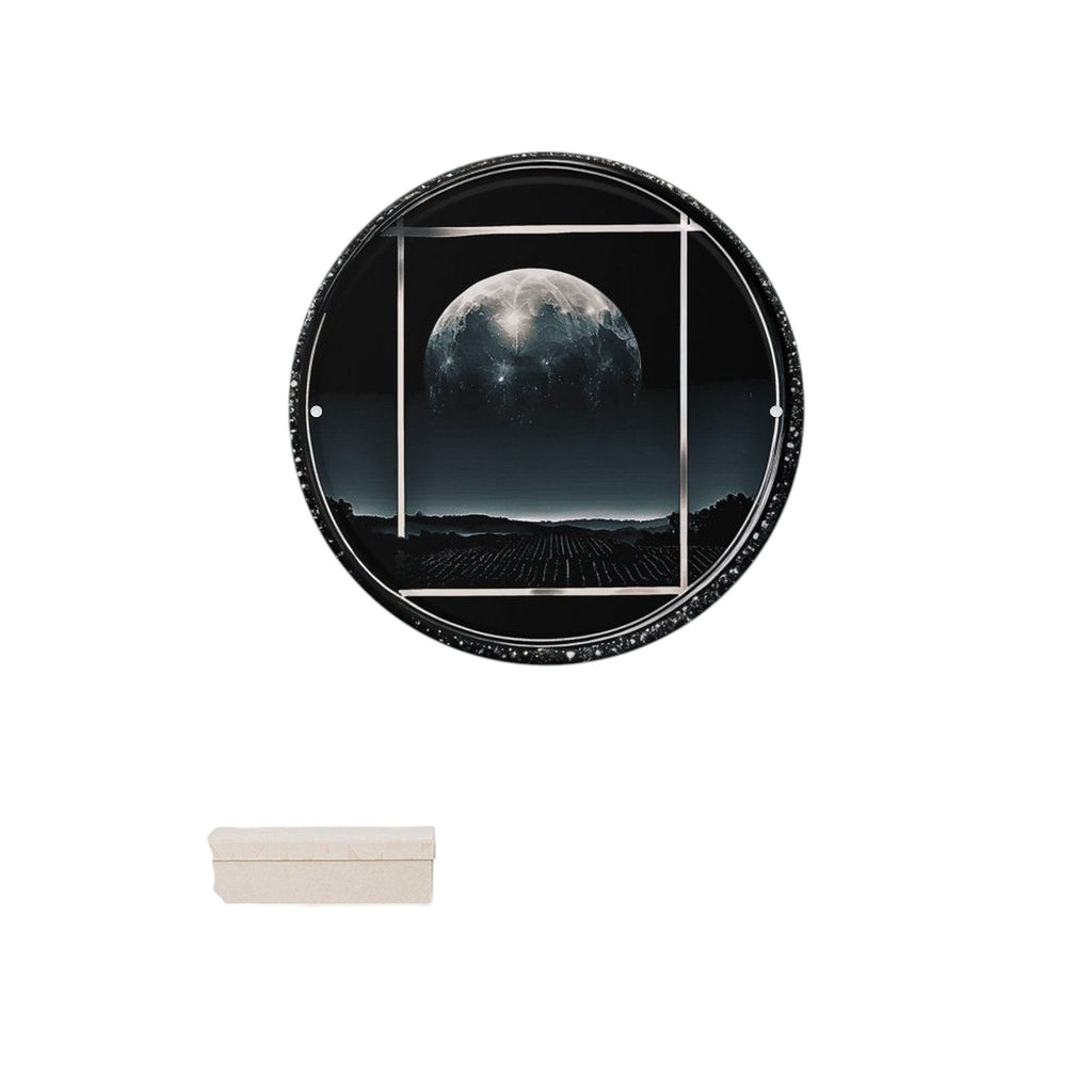 Sonoma Rebel Cyber Moon round metal print featuring a detailed moon over a dark landscape with rows of crops. Wrought iron construction.