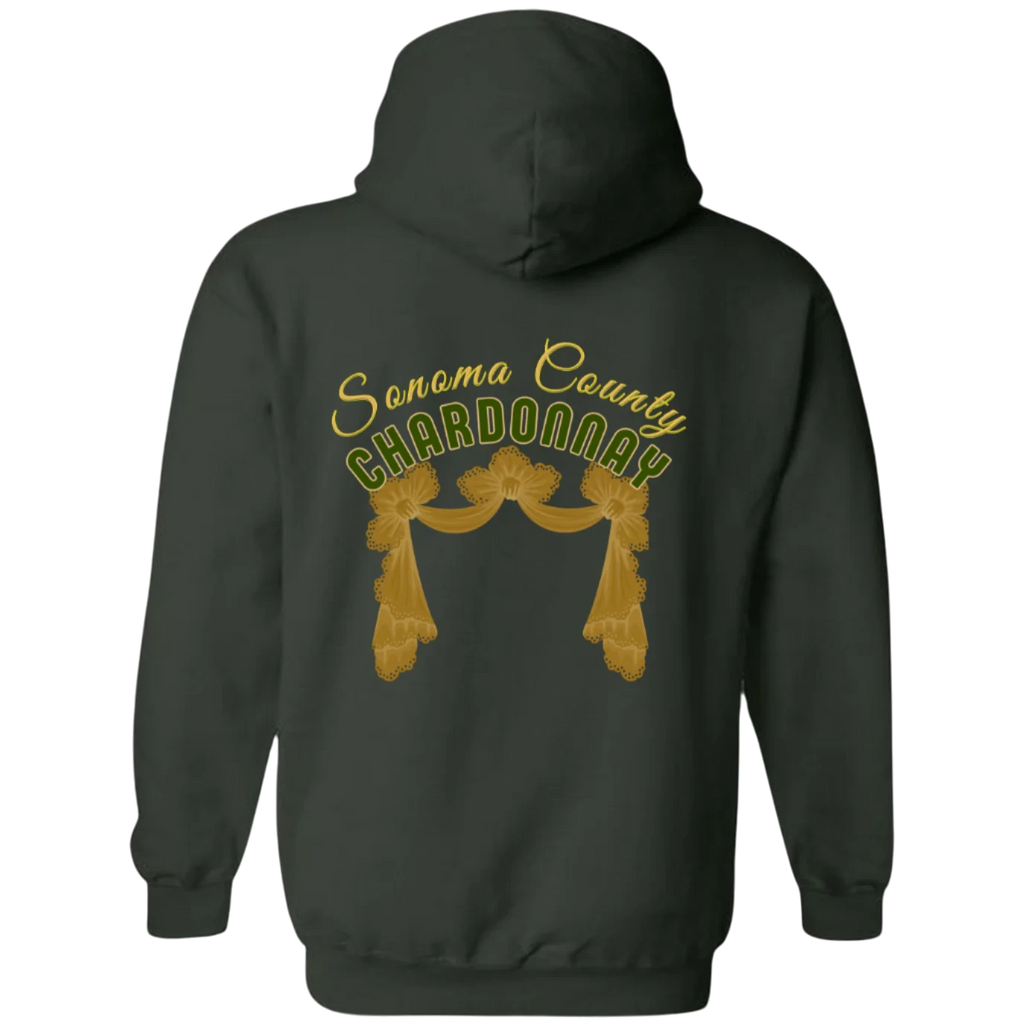 Sonoma Rebel dark green cotton-blend hoodie with "Sonoma County Chardonnay" graphic and gold drapery design on back.