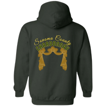 Sonoma Rebel dark green cotton-blend hoodie with "Sonoma County Chardonnay" graphic and gold drapery design on back.