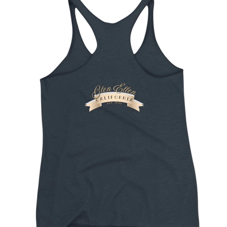 Sonoma Rebel women's racerback tank in dark grey heather, featuring a gold ribbon graphic with 'Glen Ellen California Est. 1844' text.