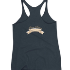 Sonoma Rebel women's racerback tank in dark grey heather, featuring a gold ribbon graphic with 'Glen Ellen California Est. 1844' text.
