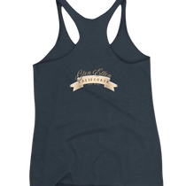 Sonoma Rebel women's racerback tank in dark grey heather, featuring a gold ribbon graphic with 'Glen Ellen California Est. 1844' text.