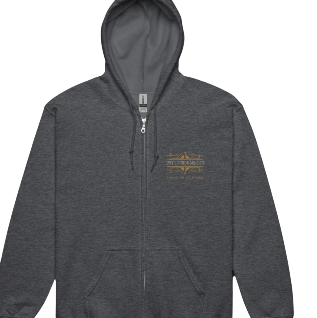 Sonoma Rebel dark grey full zip hoodie with Jack London Saloon graphic and California text. Cotton-poly blend.