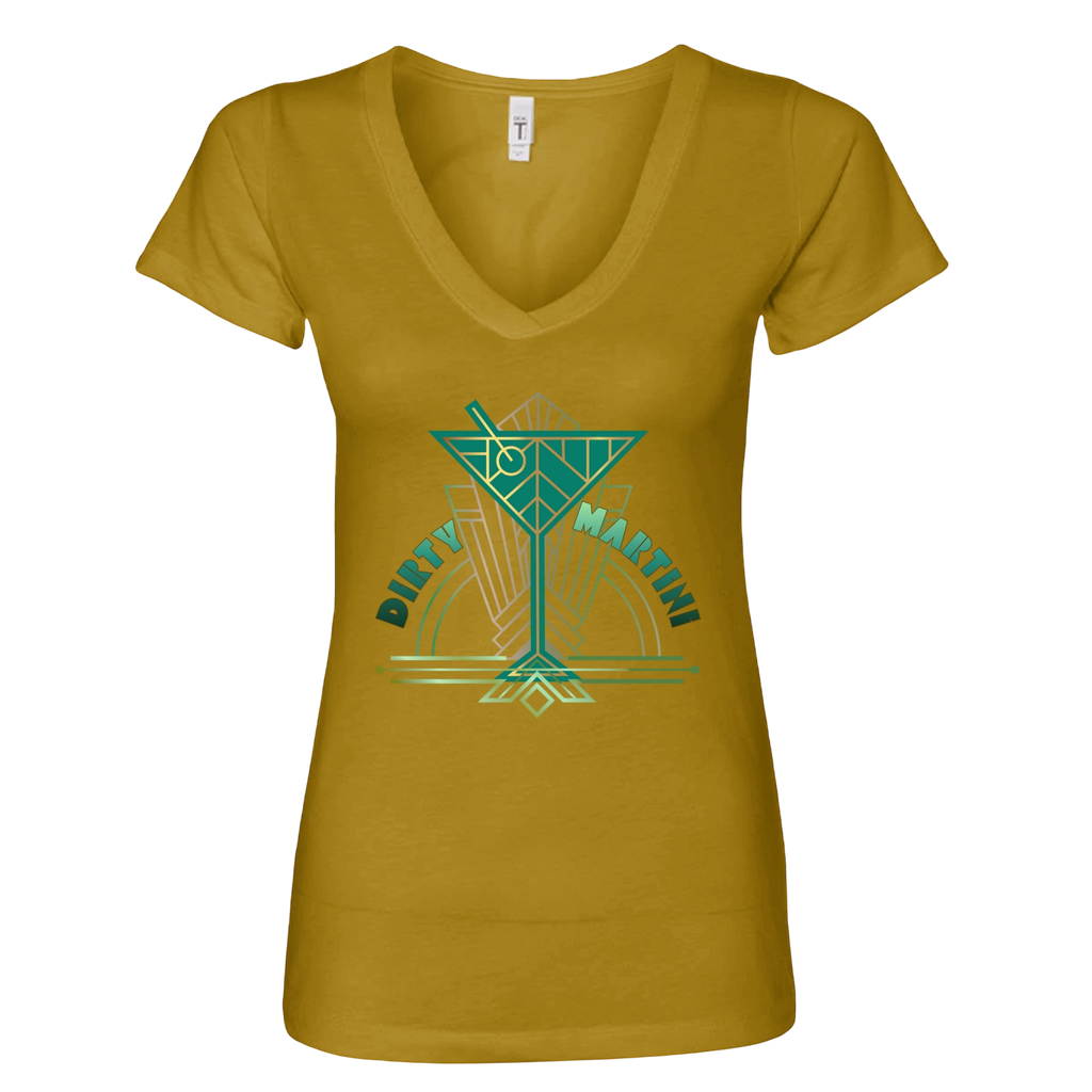 Sonoma Rebel mustard yellow v-neck t-shirt with a graphic of a martini glass and the words "Dirty Martini" in teal and gold.