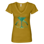 Sonoma Rebel mustard yellow v-neck t-shirt with a graphic of a martini glass and the words "Dirty Martini" in teal and gold.