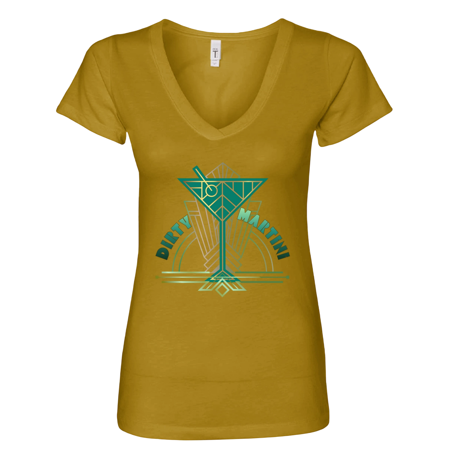 Sonoma Rebel mustard yellow v-neck t-shirt with a graphic of a martini glass and the words "Dirty Martini" in teal and gold.