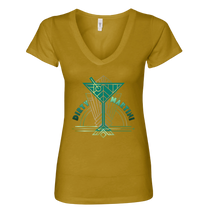 Sonoma Rebel mustard yellow v-neck t-shirt with a graphic of a martini glass and the words "Dirty Martini" in teal and gold.