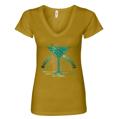 Sonoma Rebel mustard yellow v-neck t-shirt with a graphic of a martini glass and the words "Dirty Martini" in teal and gold.
