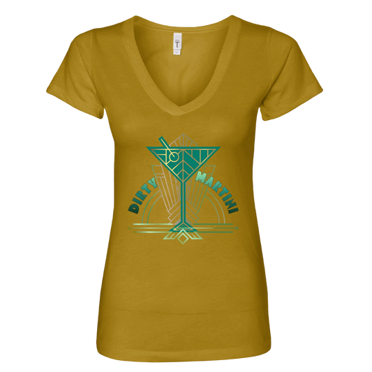 Sonoma Rebel mustard yellow v-neck t-shirt with a graphic of a martini glass and the words "Dirty Martini" in teal and gold.