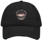 Sonoma Rebel black distressed dad hat with a circular embroidered graphic of a vineyard at sunset.