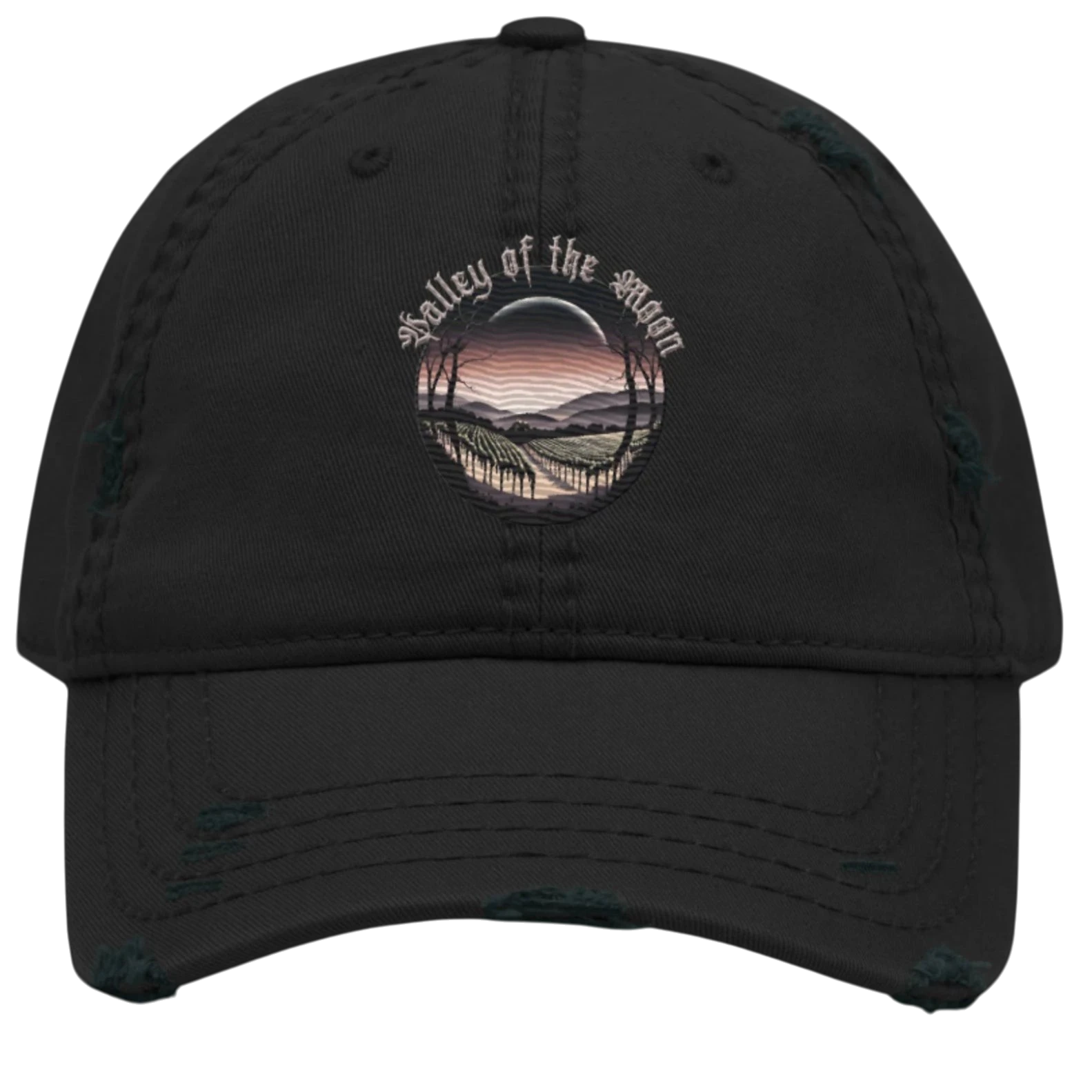 Sonoma Rebel black distressed dad hat with a circular embroidered graphic of a vineyard at sunset. Main image