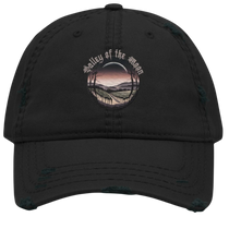 Sonoma Rebel black distressed dad hat with a circular embroidered graphic of a vineyard at sunset.