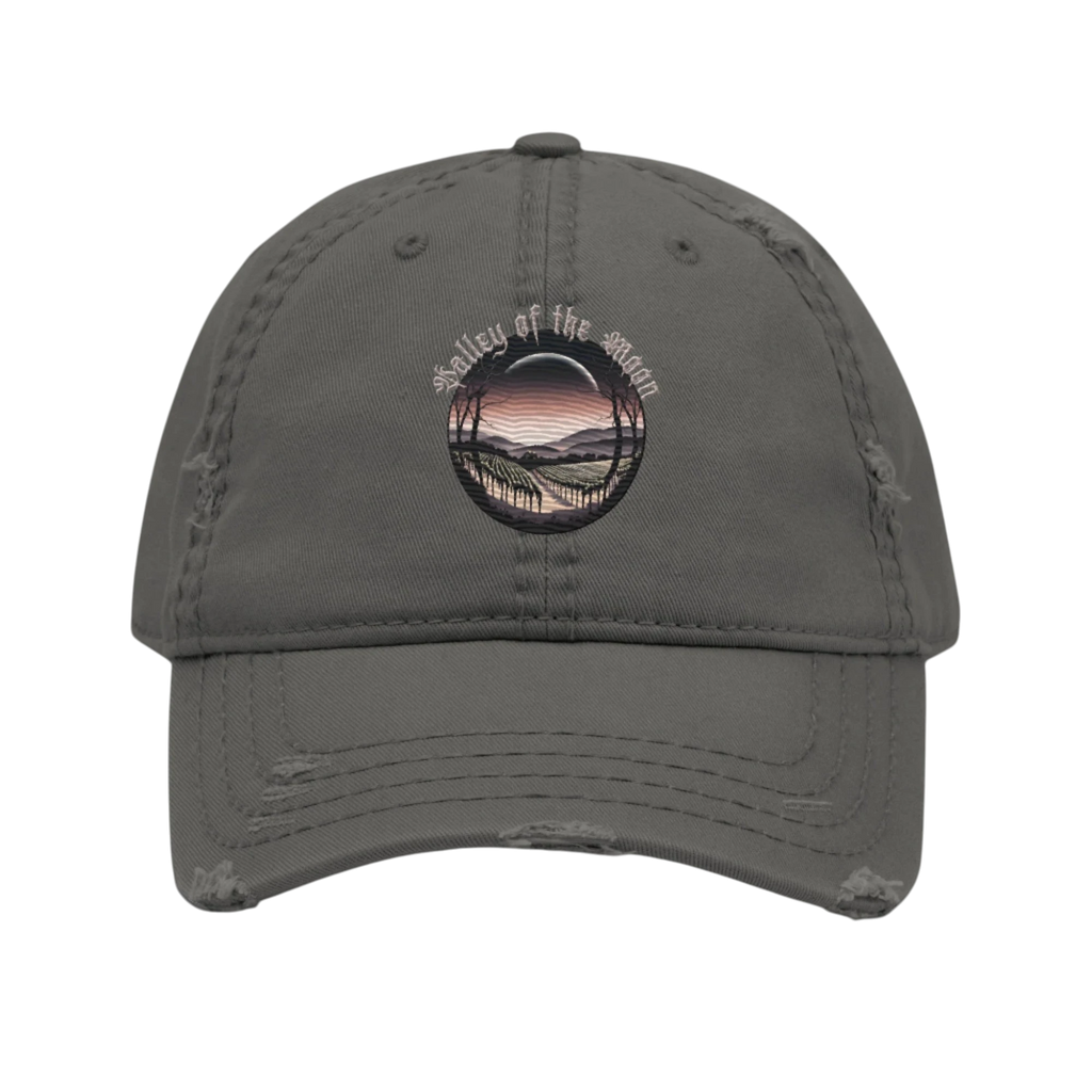 Sonoma Rebel grey distressed cotton dad hat with embroidered circular 'Valley of the Moon' landscape scene.