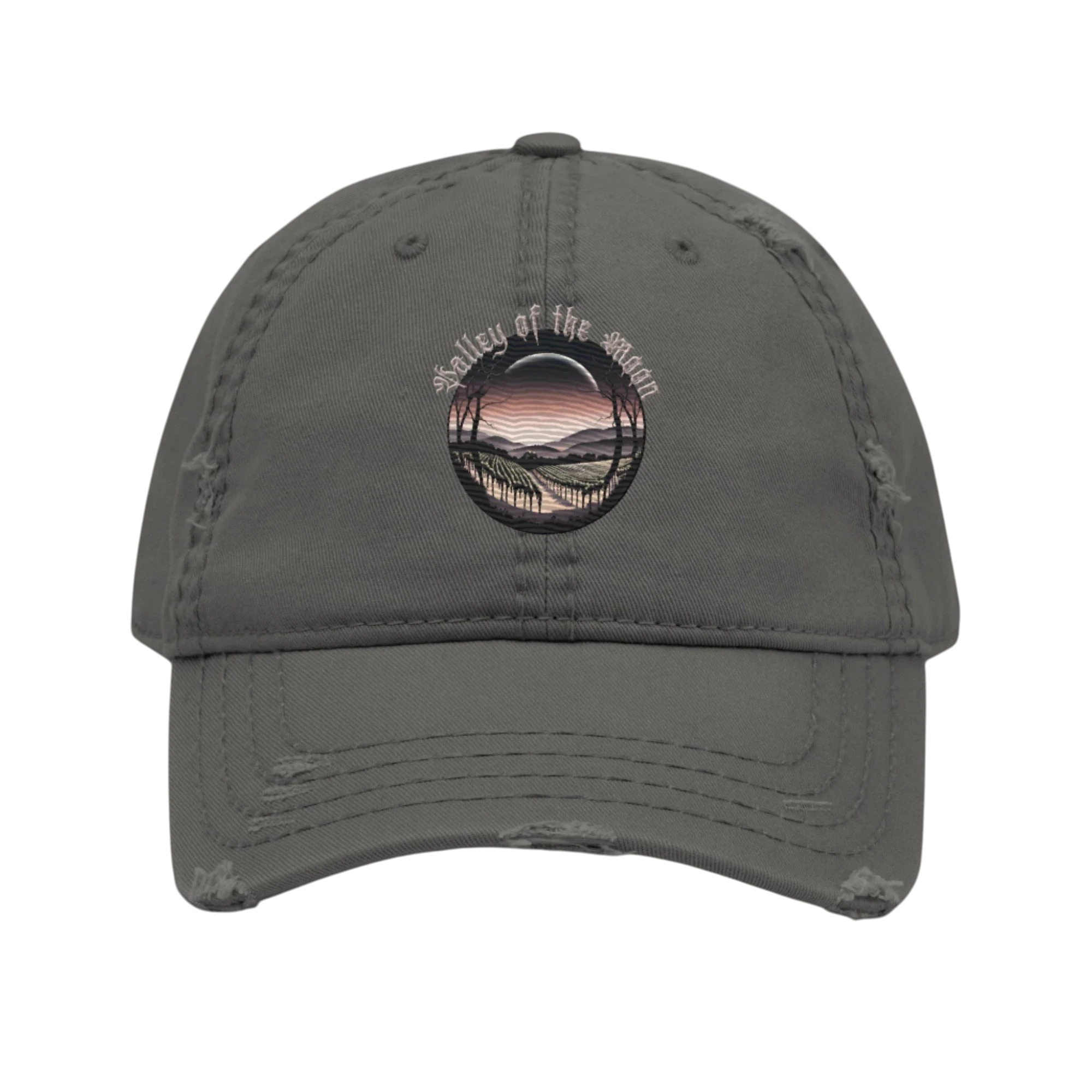 Sonoma Rebel grey distressed cotton dad hat with embroidered circular 'Valley of the Moon' landscape scene.
