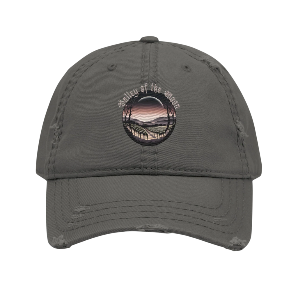Sonoma Rebel VALLEY OF THE MOON distressed grey cotton dad hat with embroidered circular graphic of a vineyard at sunset.