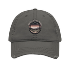 Sonoma Rebel VALLEY OF THE MOON distressed grey cotton dad hat with embroidered circular graphic of a vineyard at sunset.