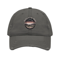 Sonoma Rebel VALLEY OF THE MOON distressed grey cotton dad hat with embroidered circular graphic of a vineyard at sunset.