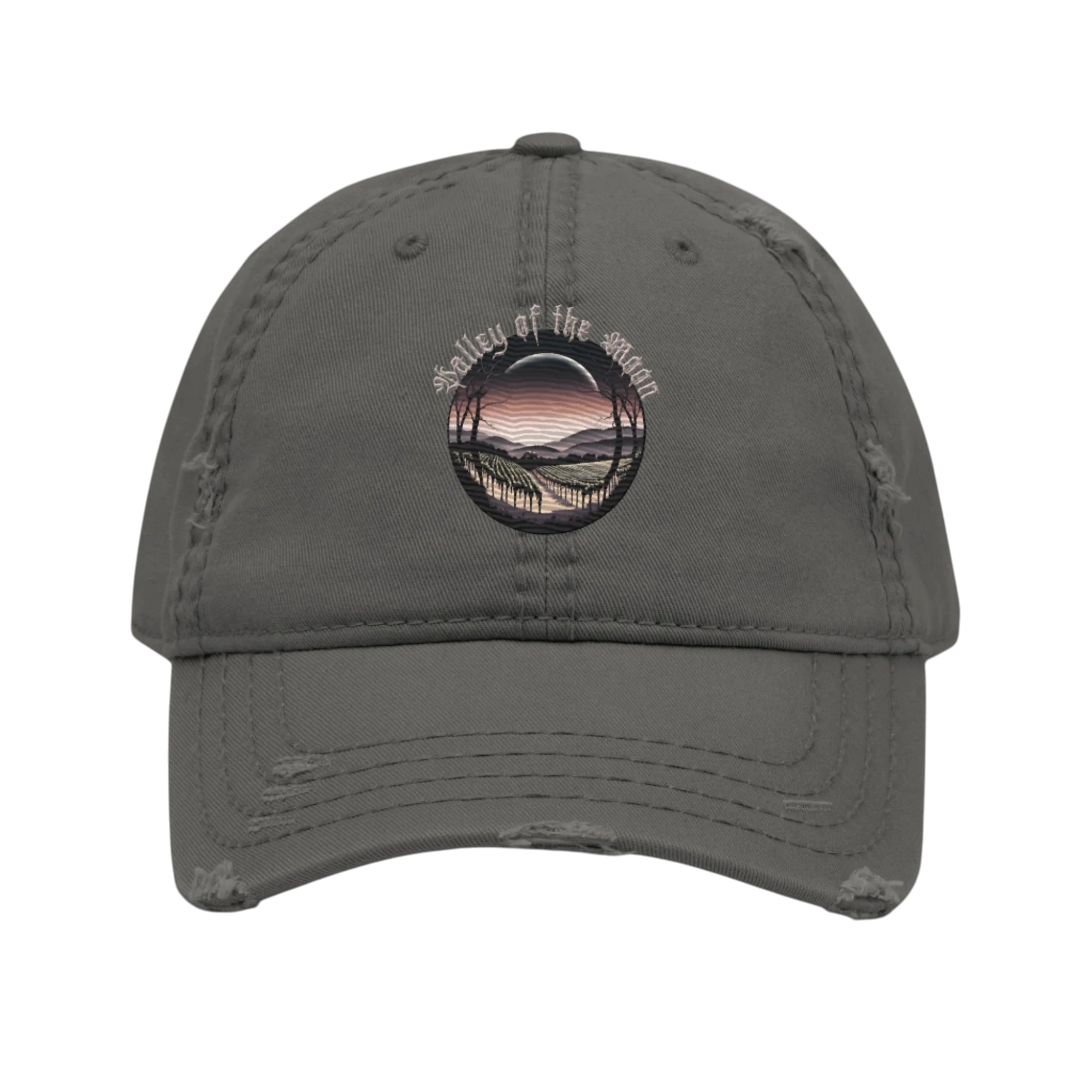Sonoma Rebel VALLEY OF THE MOON distressed grey cotton dad hat with embroidered circular graphic of a vineyard at sunset.