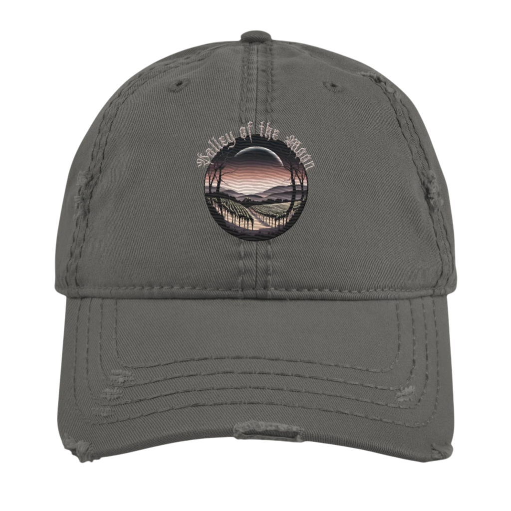 Sonoma Rebel grey distressed cotton twill dad hat with a circular graphic of a vineyard at sunset.