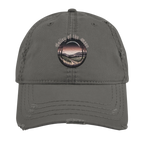 Sonoma Rebel grey distressed cotton twill dad hat with a circular graphic of a vineyard at sunset.