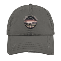 Sonoma Rebel grey distressed cotton twill dad hat with a circular graphic of a vineyard at sunset.