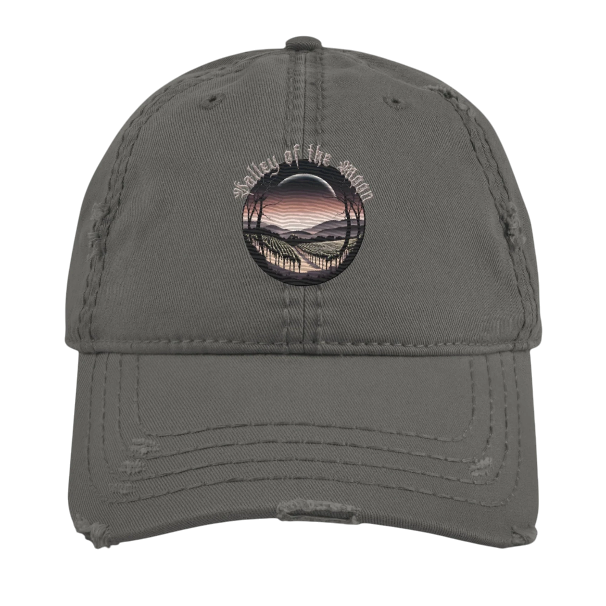 Sonoma Rebel grey distressed cotton twill dad hat with a circular graphic of a vineyard at sunset.