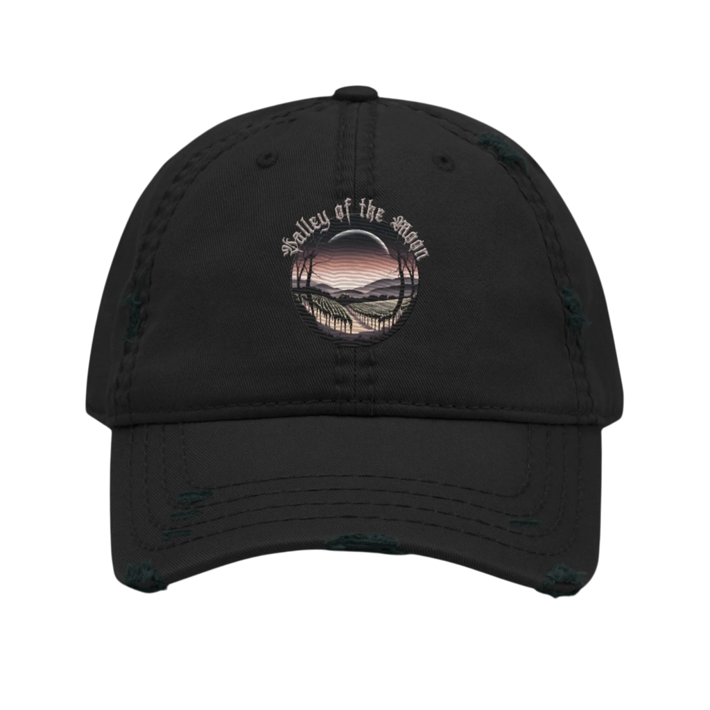Sonoma Rebel black distressed dad hat with a circular embroidered graphic of a vineyard at sunset with the text Valley of the Moon.