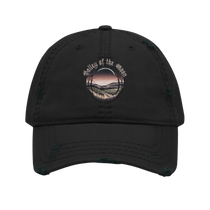 Sonoma Rebel black distressed dad hat with a circular embroidered graphic of a vineyard at sunset with the text Valley of the Moon.