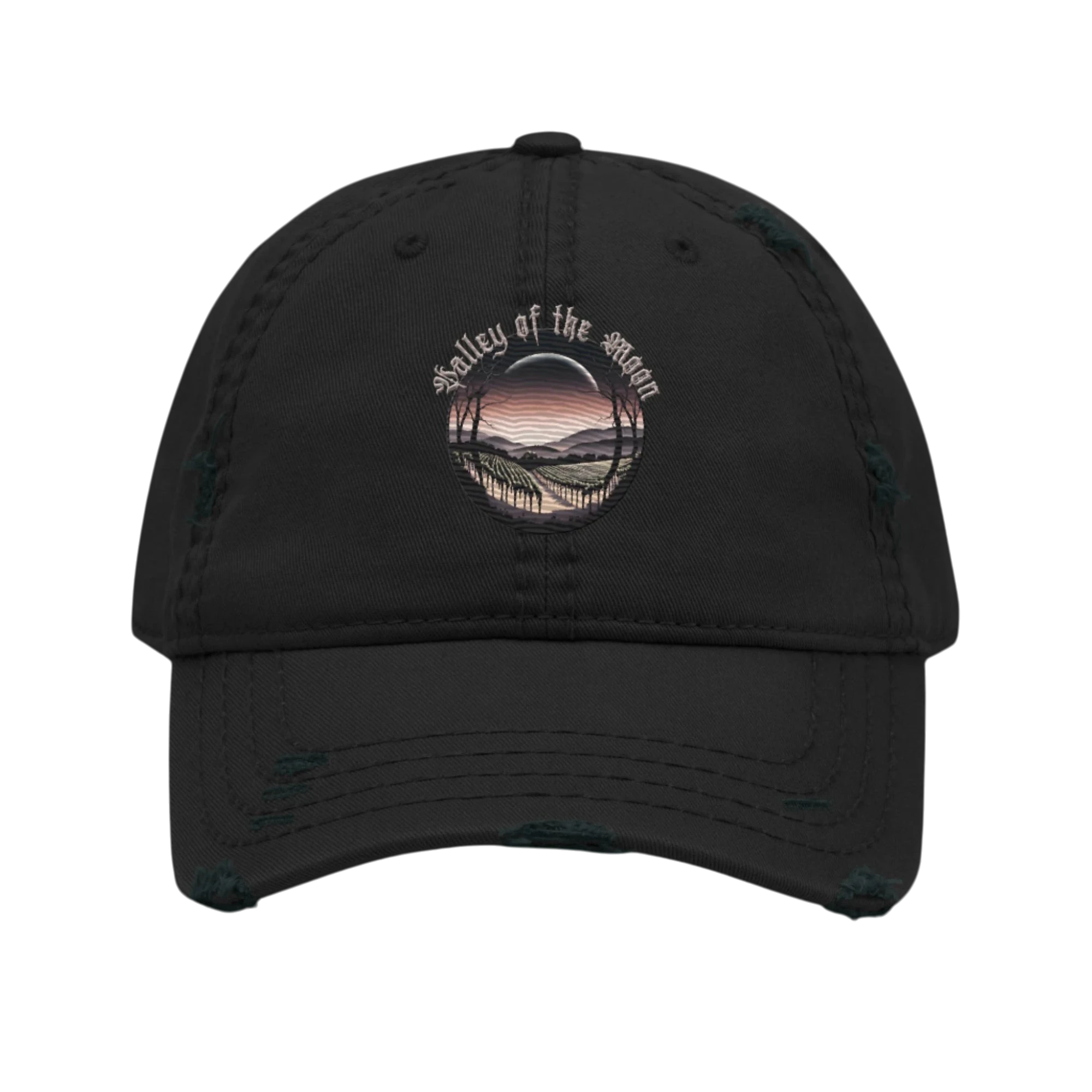 Sonoma Rebel black distressed dad hat with a circular embroidered graphic of a vineyard at sunset with the text Valley of the Moon.