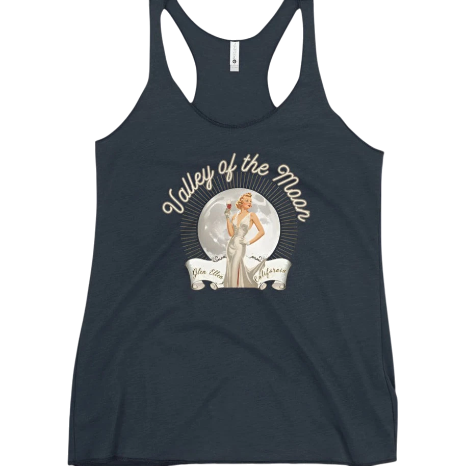 Sonoma Rebel dark navy racerback tank top with a vintage pinup graphic of a woman in a white dress holding a drink, set against a full moon with