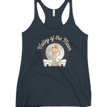 Sonoma Rebel dark navy racerback tank top with a vintage pinup graphic of a woman in a white dress holding a drink, set against a full moon with