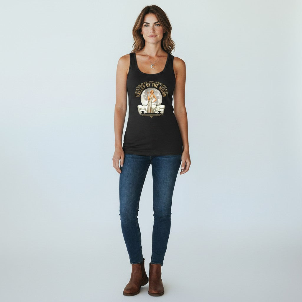 Sonoma Rebel black cotton blend tank top with a vintage glam pinup graphic and "Valley of the Moon" text. Main image