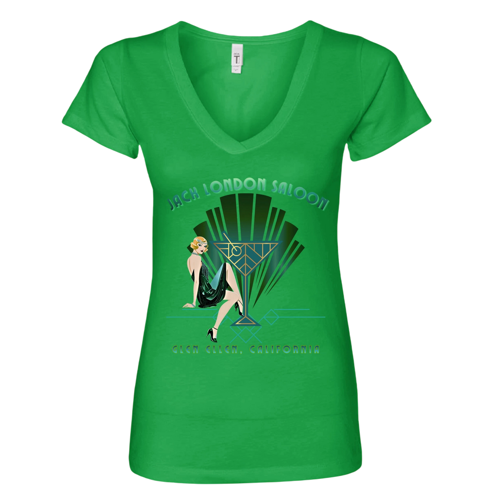 Sonoma Rebel green V-neck t-shirt with an Art Deco graphic featuring a woman and the text "Jack London Saloon" and "Glen Ellen, California".