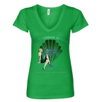 Sonoma Rebel green V-neck t-shirt with an Art Deco graphic featuring a woman and the text "Jack London Saloon" and "Glen Ellen, California".