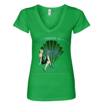 Sonoma Rebel green V-neck t-shirt with an Art Deco graphic featuring a woman and the text "Jack London Saloon" and "Glen Ellen, California".