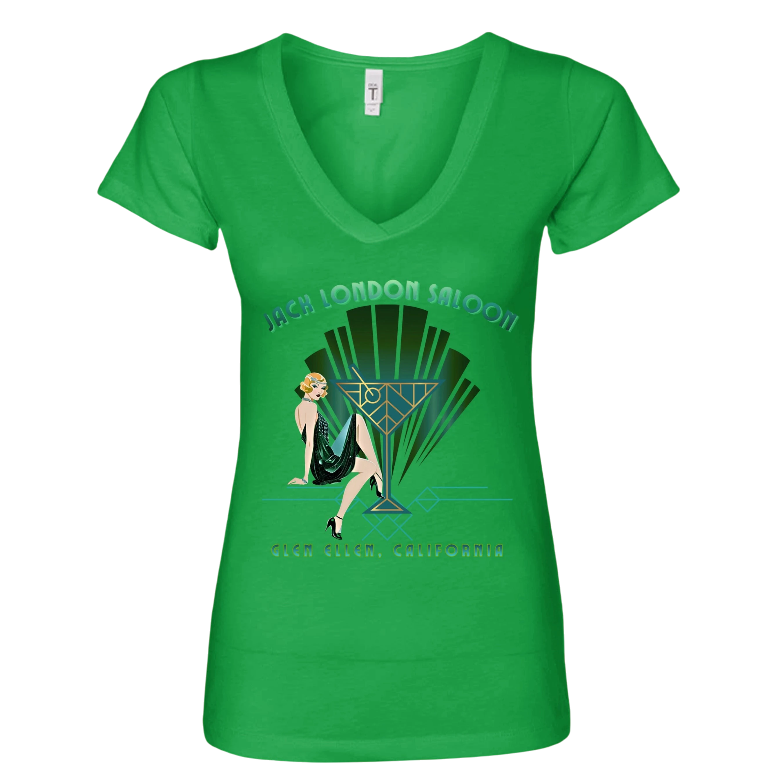 Sonoma Rebel green V-neck t-shirt with an Art Deco graphic featuring a woman and the text "Jack London Saloon" and "Glen Ellen, California".