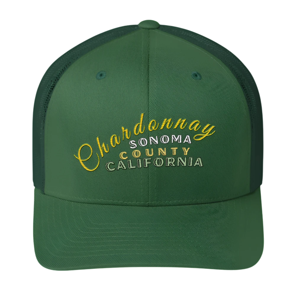 Sonoma Rebel green cotton-polyester blend trucker cap with embroidered "Chardonnay Sonoma County California" text.