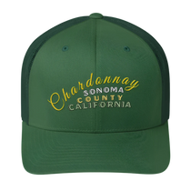 Sonoma Rebel green cotton-polyester blend trucker cap with embroidered "Chardonnay Sonoma County California" text.
