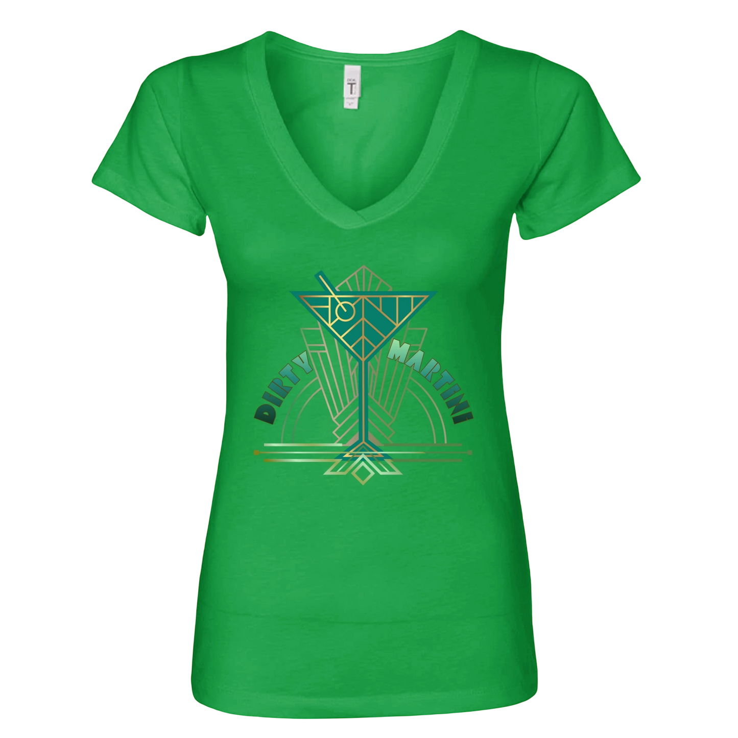 Sonoma Rebel green V-neck t-shirt with a graphic of a martini glass and the words "Dirty Martini" in an art deco style.