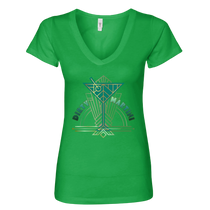 Sonoma Rebel green V-neck t-shirt with a graphic of a martini glass and the words "Dirty Martini" in an art deco style.
