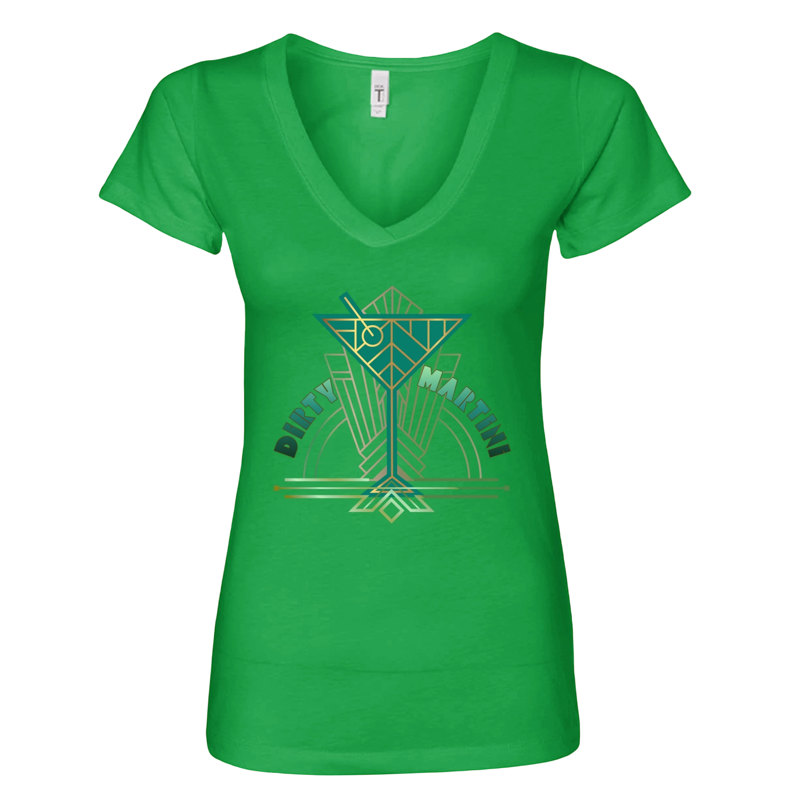 Sonoma Rebel green V-neck t-shirt with a graphic of a martini glass and the words "Dirty Martini" in an art deco style.