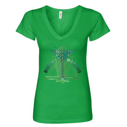 Sonoma Rebel green V-neck t-shirt with a graphic of a martini glass and the words "Dirty Martini" in an art deco style.