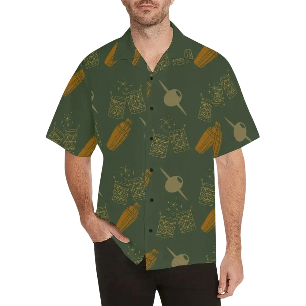Sonoma Rebel men's green Hawaiian shirt with a martini and cocktail glass print. Features a boxy fit and notch lapel.