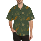 Sonoma Rebel men's green Hawaiian shirt with a martini and cocktail glass print. Features a boxy fit and notch lapel.