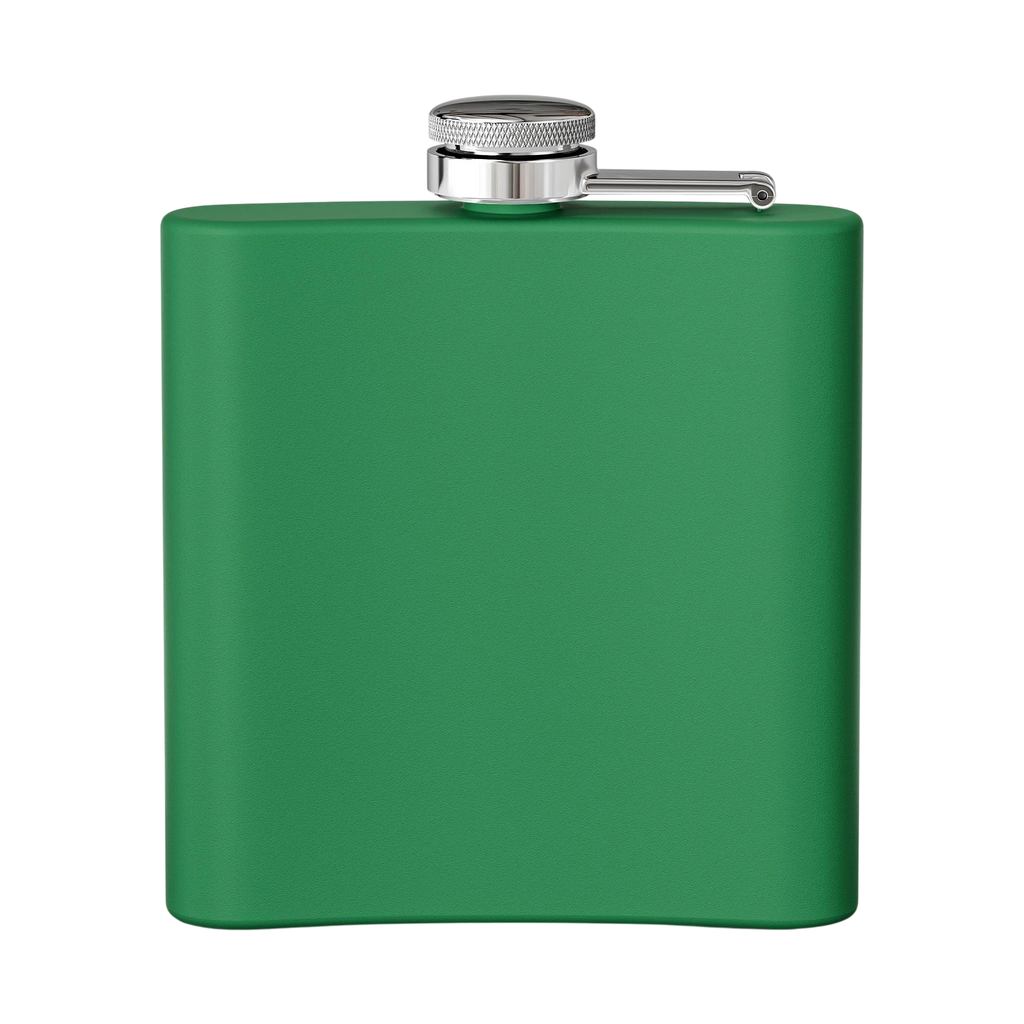 Sonoma Rebel green stainless steel 6 oz Art Deco martini flask with a leak-proof lid and secure latch.