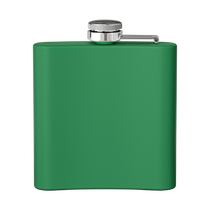 Sonoma Rebel green stainless steel 6 oz Art Deco martini flask with a leak-proof lid and secure latch.