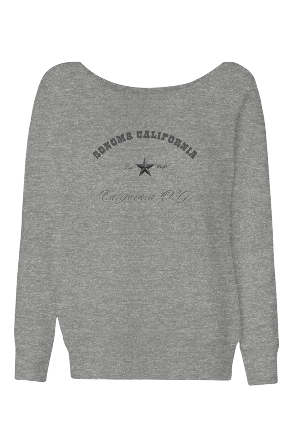 Sonoma Rebel grey cotton blend womens wide neck sweatshirt with "SONOMA CALIFORNIA" graphic and "California O.G." text.