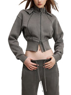Sonoma Rebel grey vintage washed cropped fleece hoodie with zipper and patchwork details. Cotton-blend.