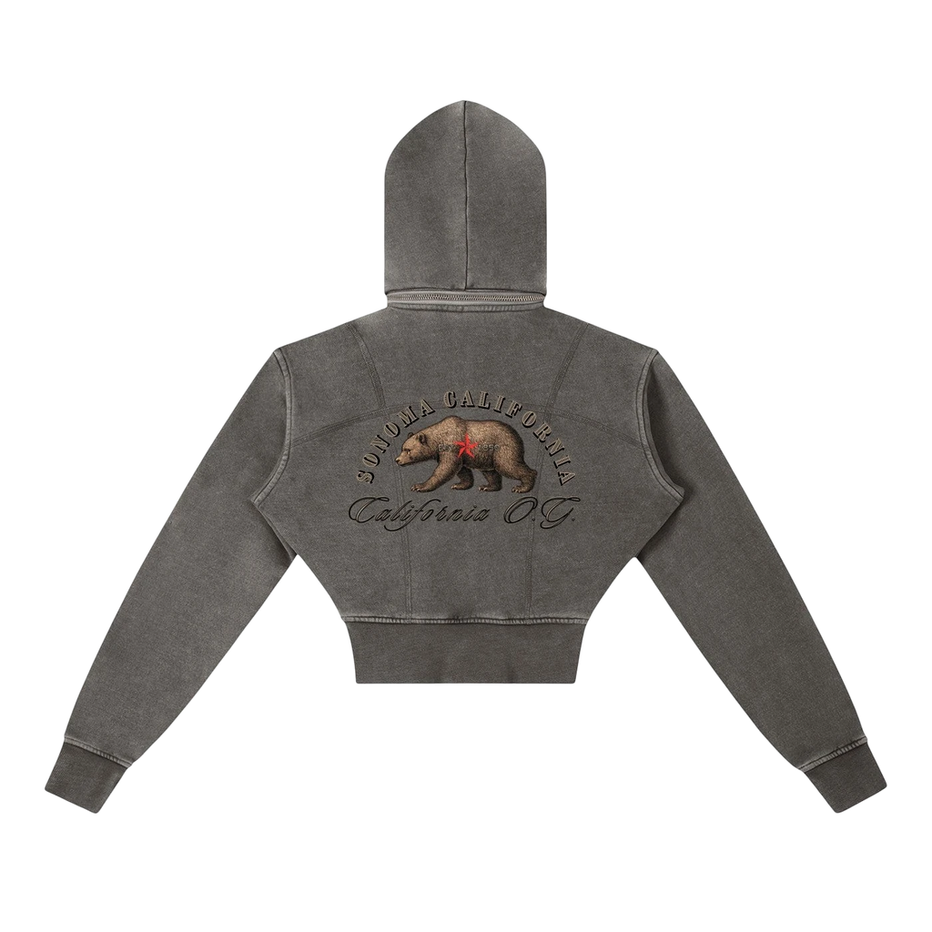 Sonoma Rebel grey vintage washed cropped fleece hoodie with bear graphic and "California OG" text.